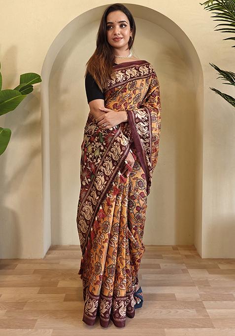 Pink Kalamkari Chanderi Saree Set With Blouse