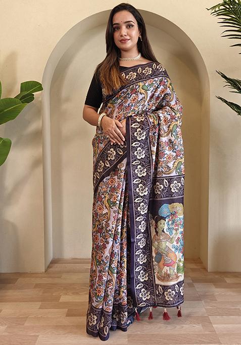 Off White Kalamkari Chanderi Saree Set With Blouse