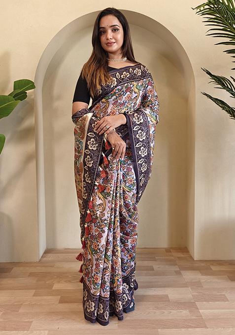 Off White Kalamkari Chanderi Saree Set With Blouse