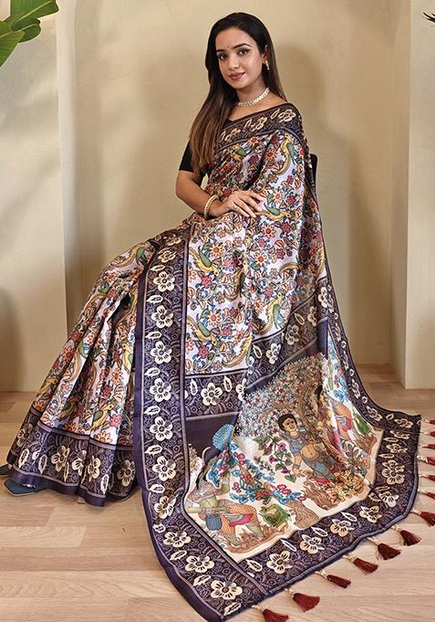 Off White Kalamkari Chanderi Saree Set With Blouse