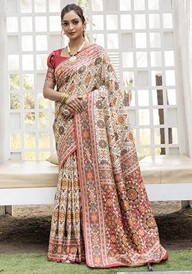 Cream Patola Thread Weaving Design Silk Saree Set With Blouse