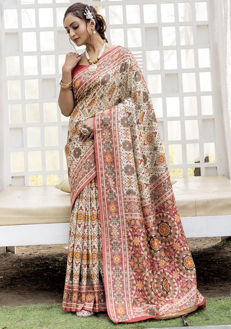 Cream Patola Thread Weaving Design Silk Saree Set With Blouse