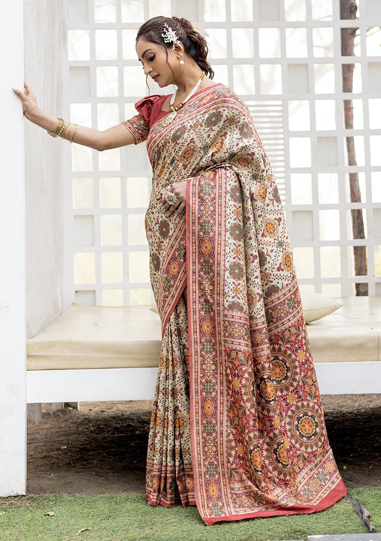 Cream Patola Thread Weaving Design Silk Saree Set With Blouse