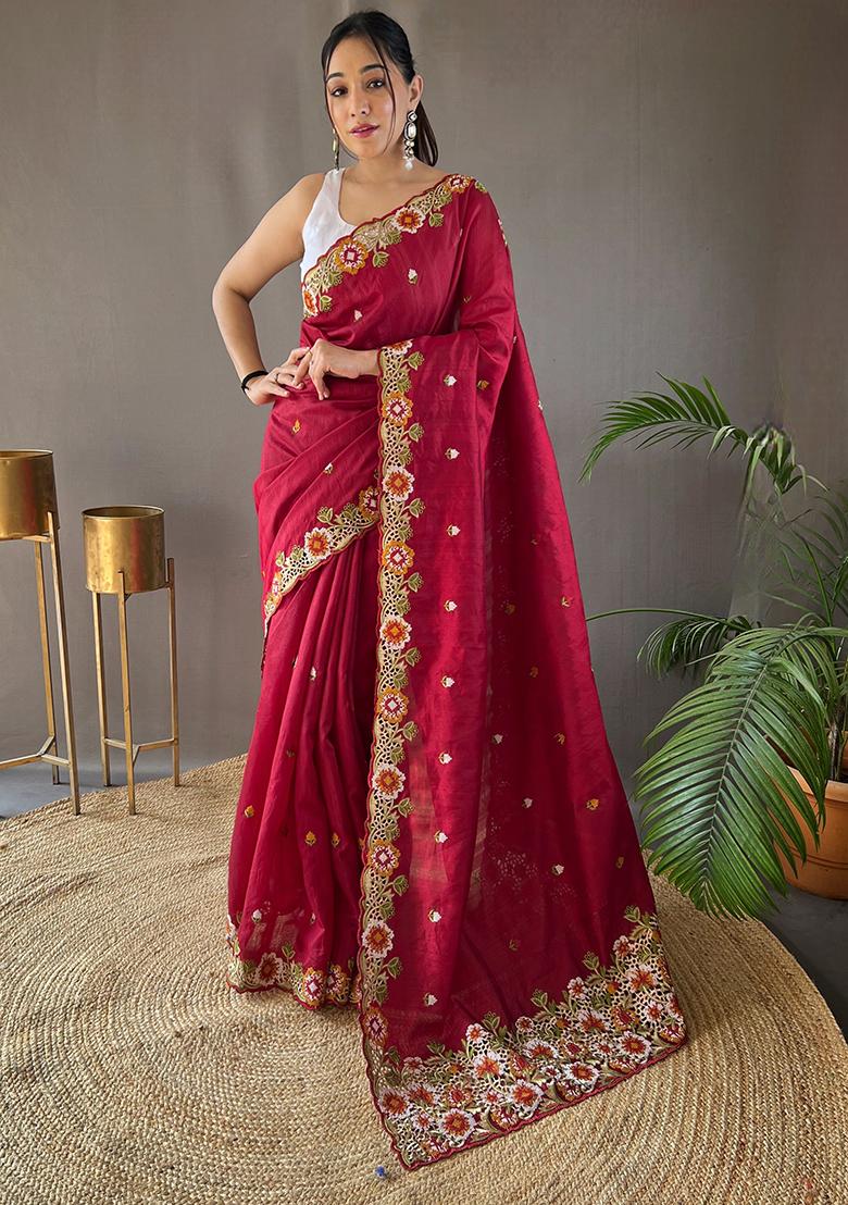 Maroon Embroidered Pure Matka Silk Saree Set With Blouse