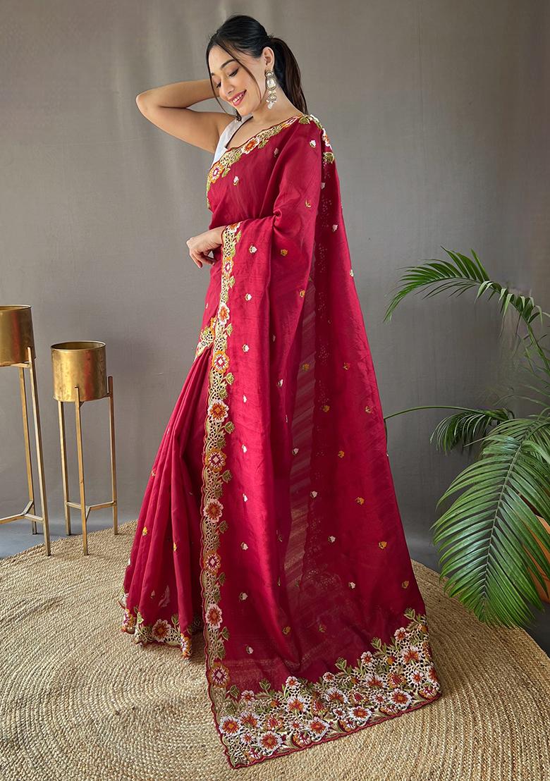 Maroon Embroidered Pure Matka Silk Saree Set With Blouse