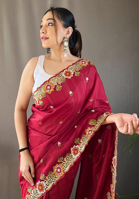 Maroon Embroidered Pure Matka Silk Saree Set With Blouse