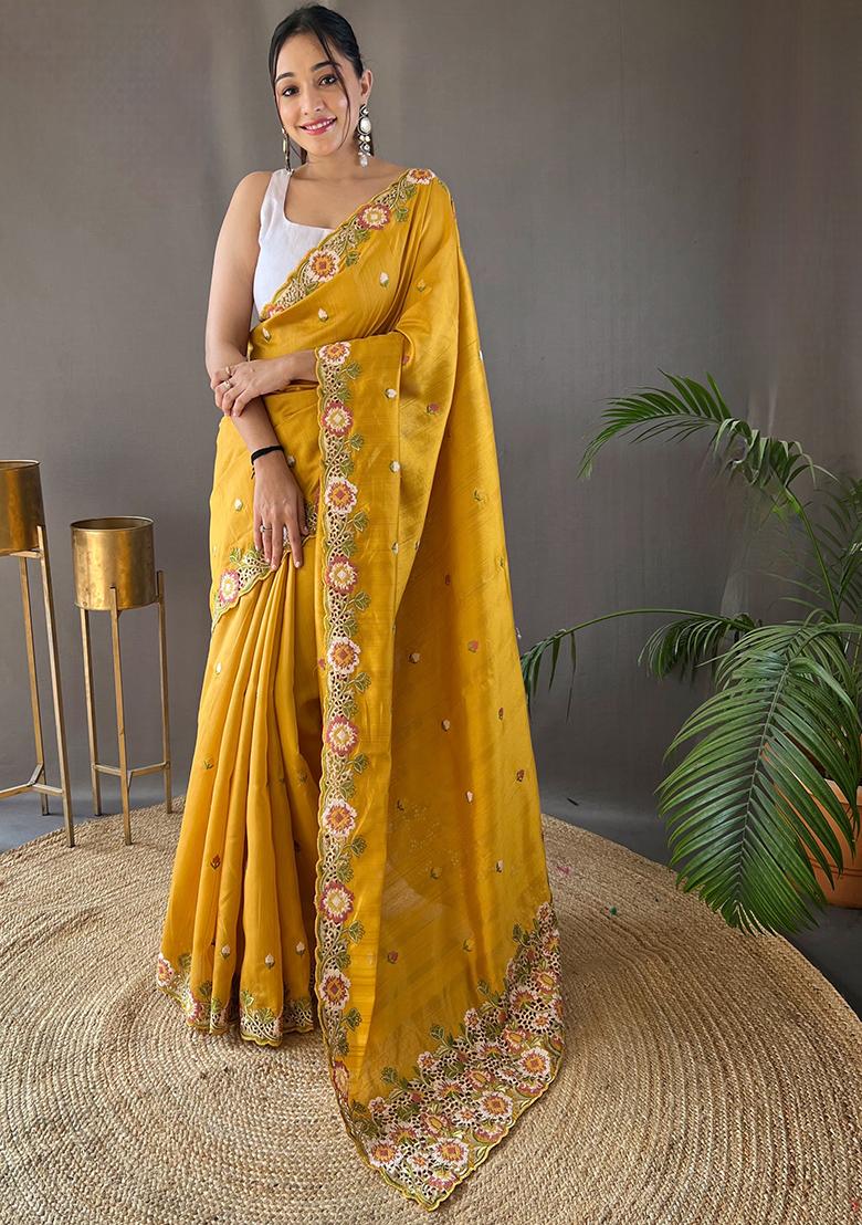 Yellow Embroidered Pure Matka Silk Saree Set With Blouse