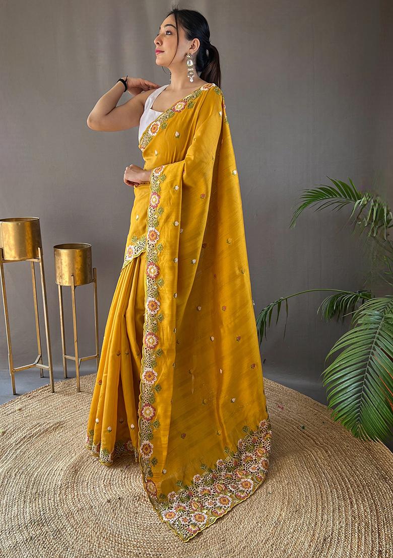 Yellow Embroidered Pure Matka Silk Saree Set With Blouse