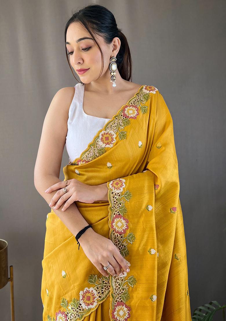 Yellow Embroidered Pure Matka Silk Saree Set With Blouse