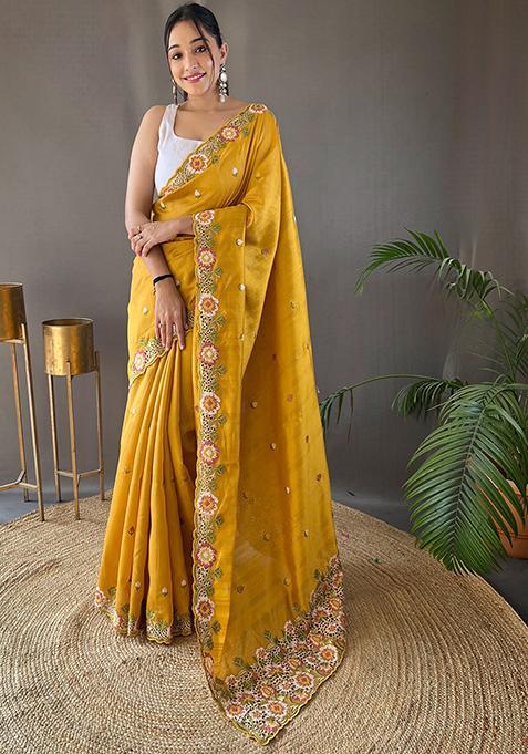 Yellow Embroidered Pure Matka Silk Saree Set With Blouse