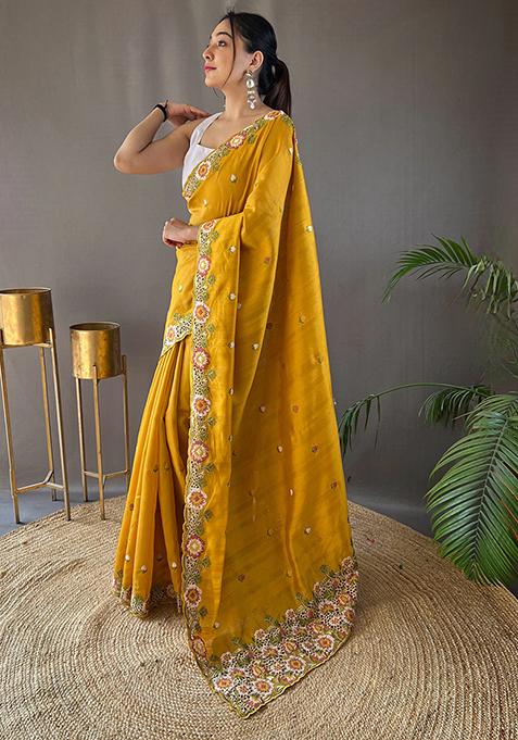 Yellow Embroidered Pure Matka Silk Saree Set With Blouse