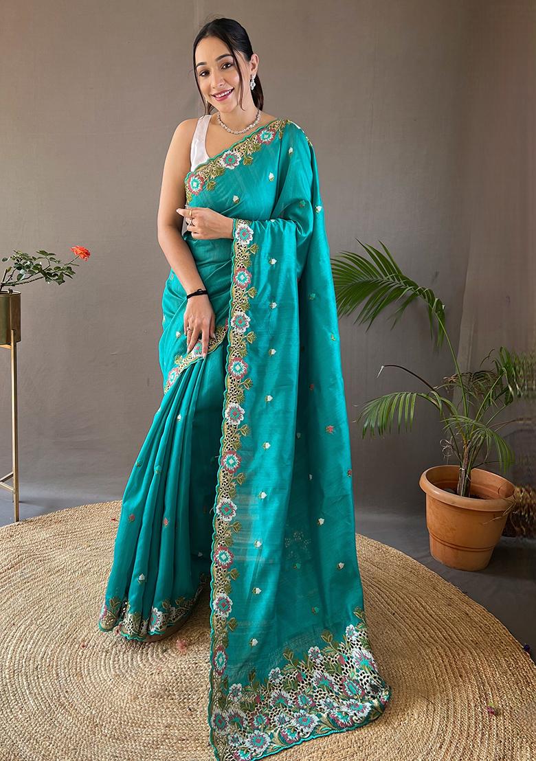 Sky Blue Embroidered Pure Matka Silk Saree Set With Blouse