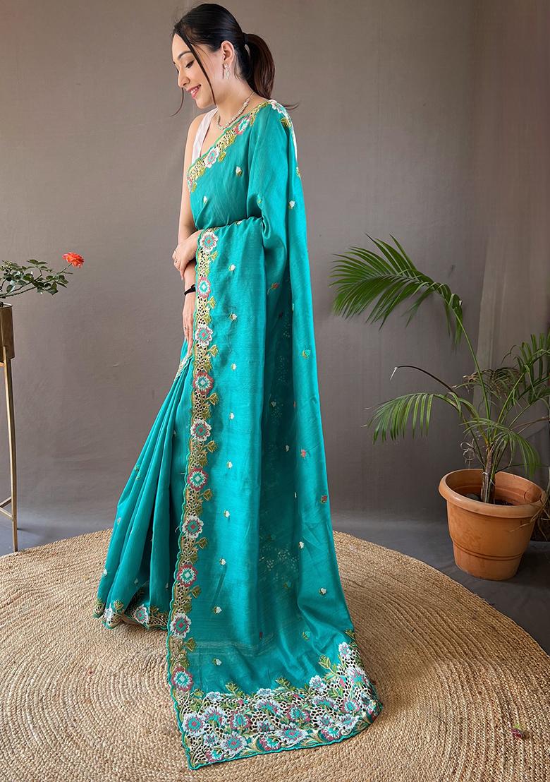 Sky Blue Embroidered Pure Matka Silk Saree Set With Blouse