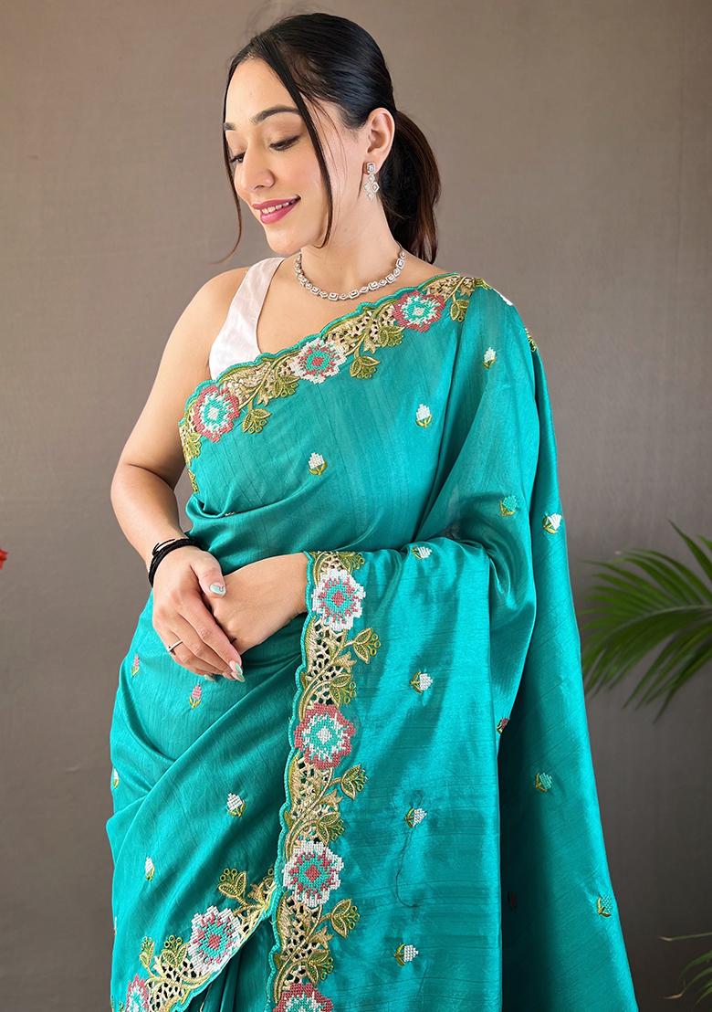 Sky Blue Embroidered Pure Matka Silk Saree Set With Blouse