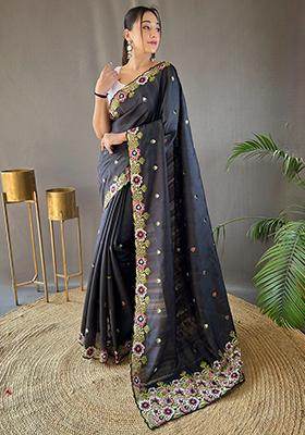 Black Embroidered Pure Matka Silk Saree Set With Blouse