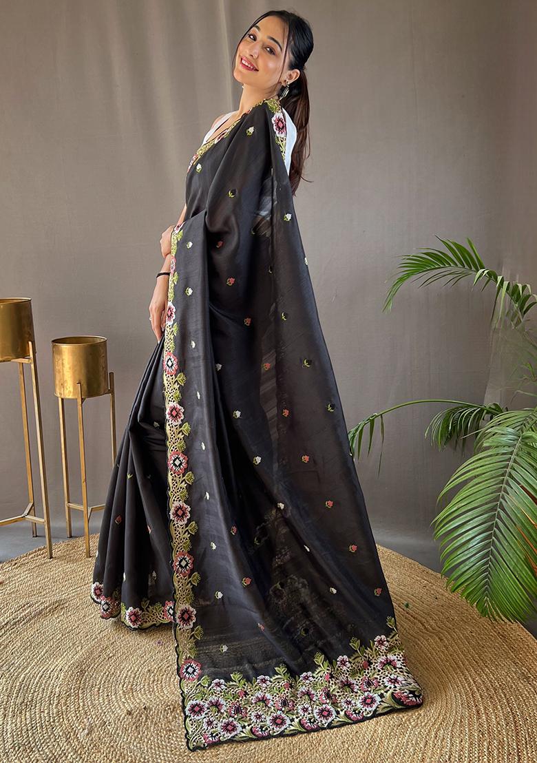 Black Embroidered Pure Matka Silk Saree Set With Blouse