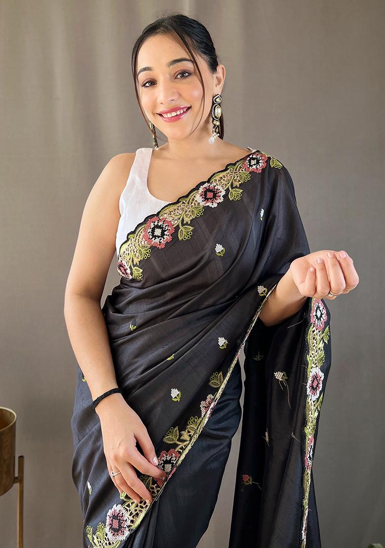 Black Embroidered Pure Matka Silk Saree Set With Blouse