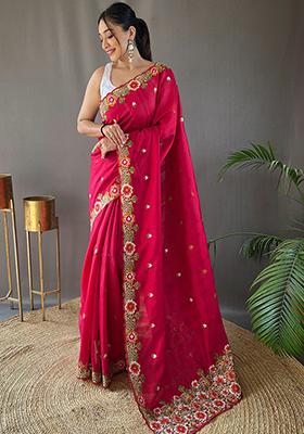 Pink Embroidered Pure Matka Silk Saree Set With Blouse