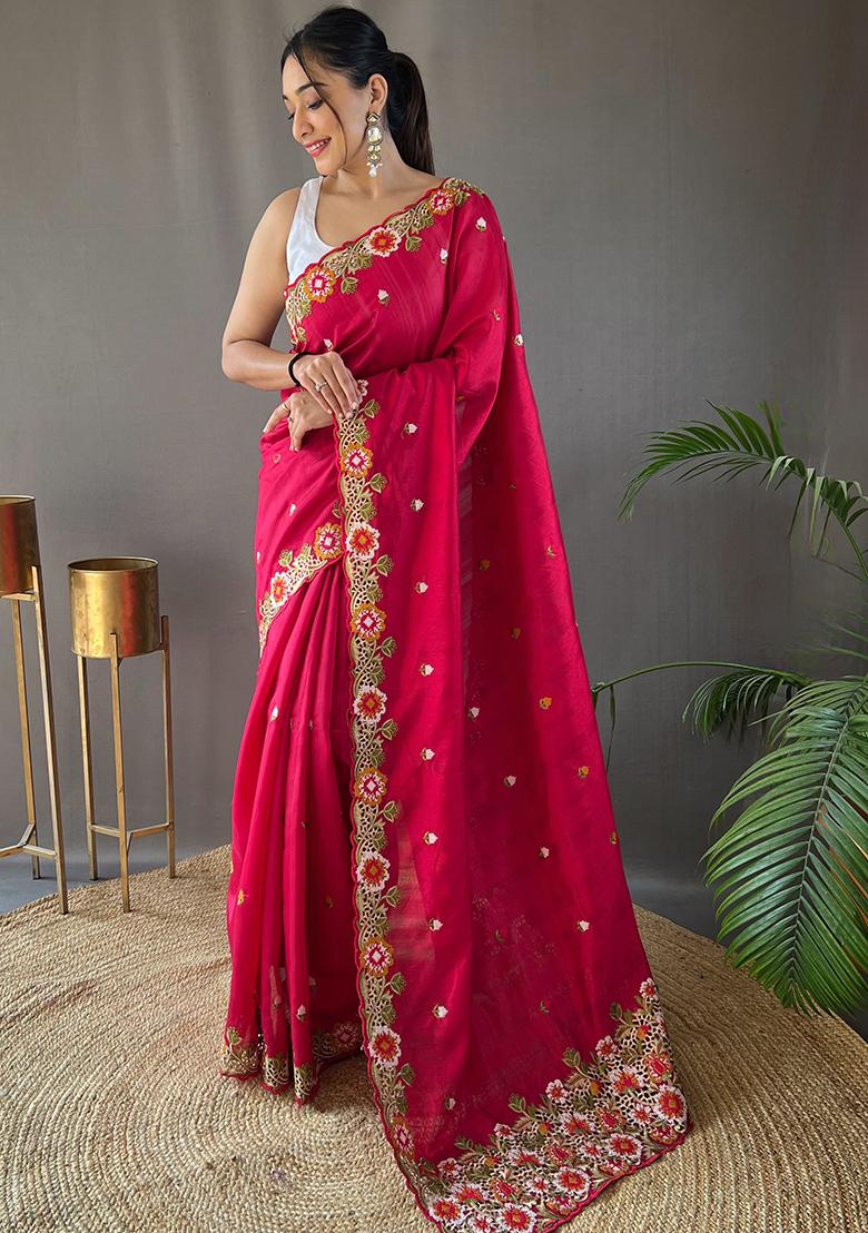 Pink Embroidered Pure Matka Silk Saree Set With Blouse