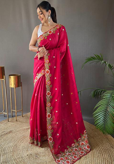 Pink Embroidered Pure Matka Silk Saree Set With Blouse