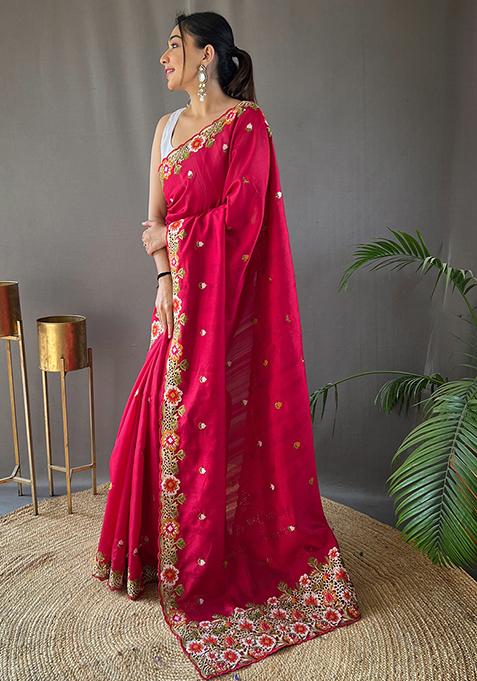 Pink Embroidered Pure Matka Silk Saree Set With Blouse