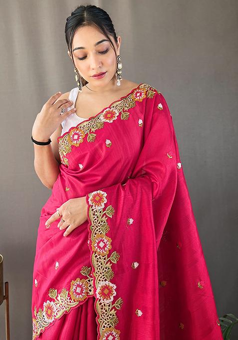 Pink Embroidered Pure Matka Silk Saree Set With Blouse