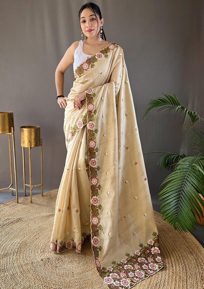 Cream Embroidered Pure Matka Silk Saree Set With Blouse