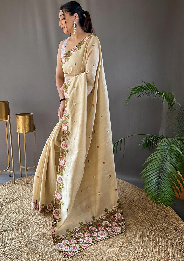 Cream Embroidered Pure Matka Silk Saree Set With Blouse