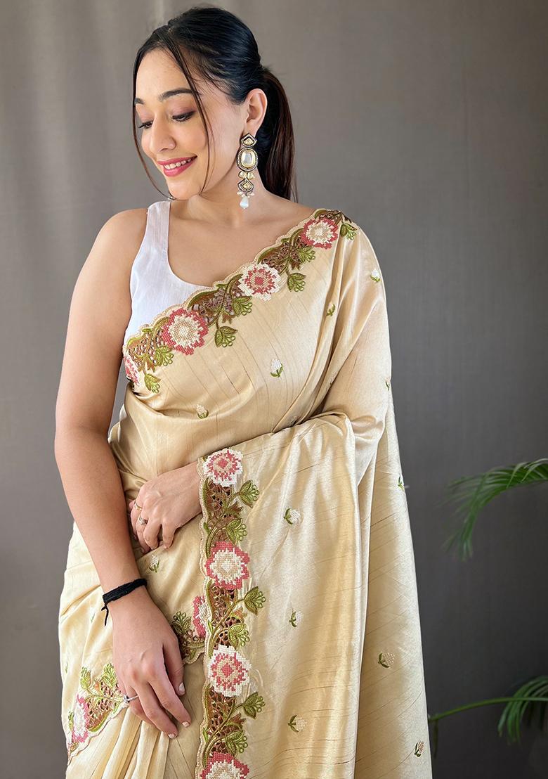 Cream Embroidered Pure Matka Silk Saree Set With Blouse