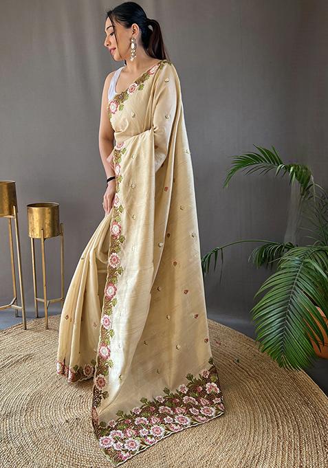 Cream Embroidered Pure Matka Silk Saree Set With Blouse