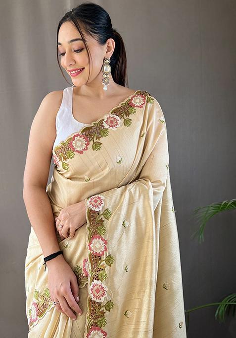 Cream Embroidered Pure Matka Silk Saree Set With Blouse