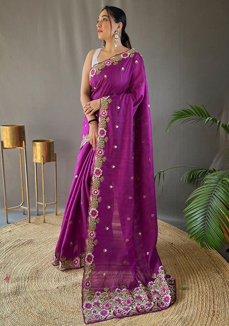 Purple Embroidered Pure Matka Silk Saree Set With Blouse