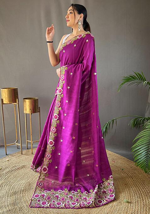 Purple Embroidered Pure Matka Silk Saree Set With Blouse