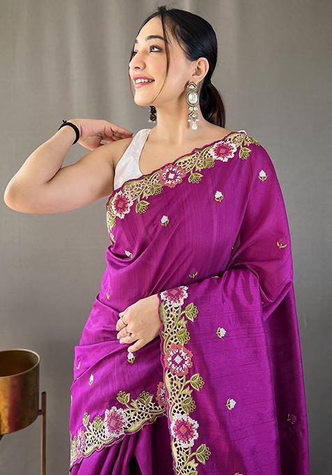 Purple Embroidered Pure Matka Silk Saree Set With Blouse