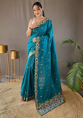 Blue Embroidered Pure Matka Silk Saree Set With Blouse