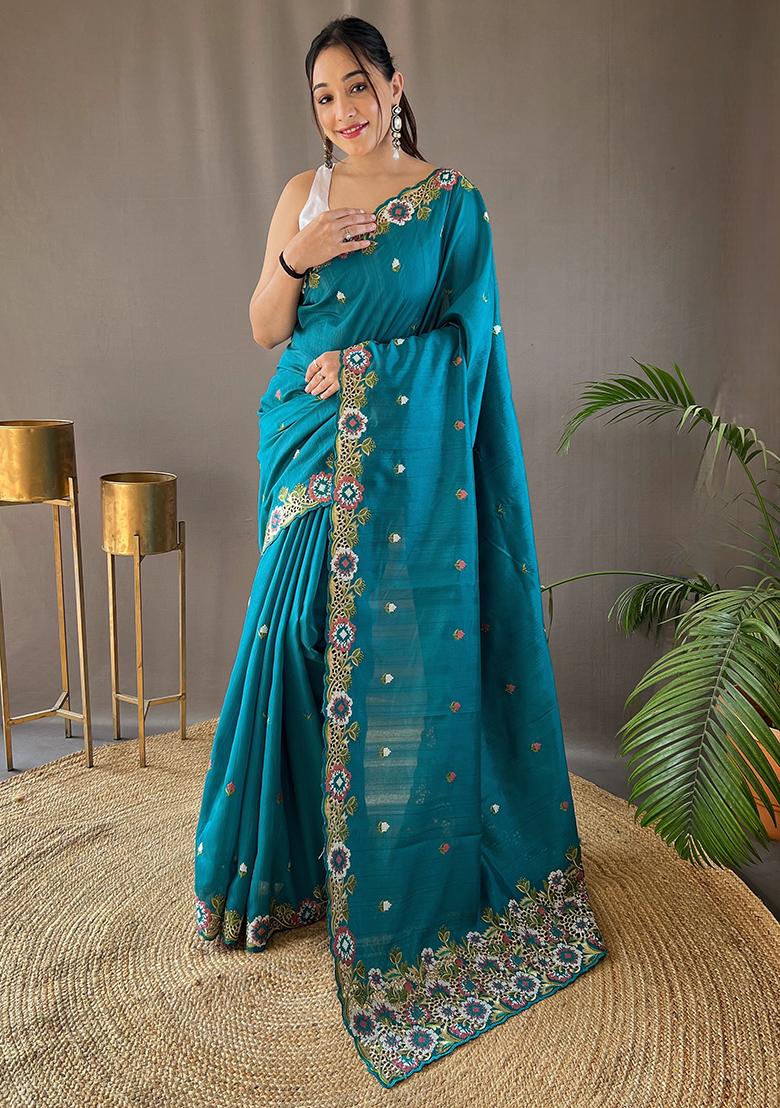Blue Embroidered Pure Matka Silk Saree Set With Blouse