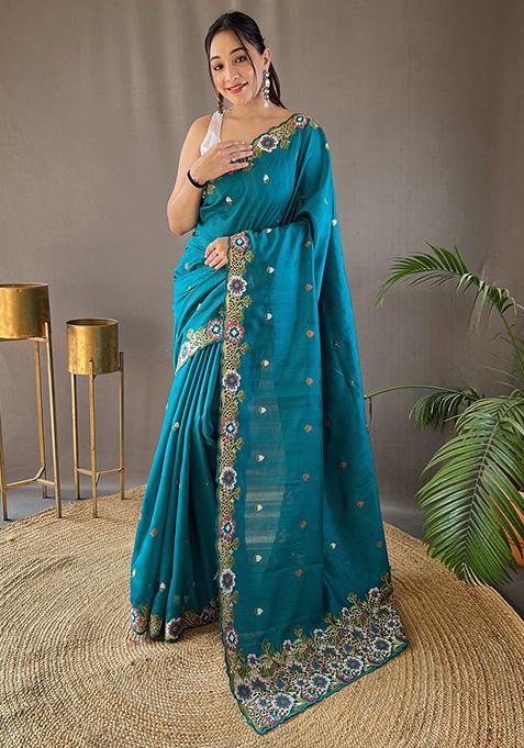 Blue Embroidered Pure Matka Silk Saree Set With Blouse
