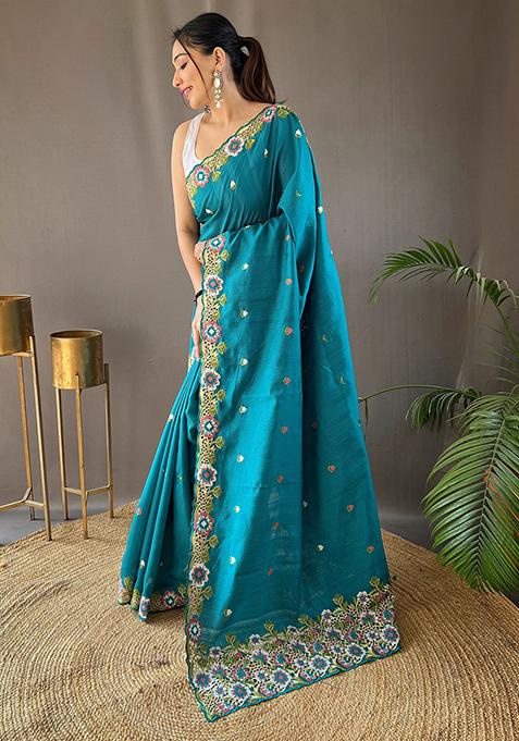 Blue Embroidered Pure Matka Silk Saree Set With Blouse