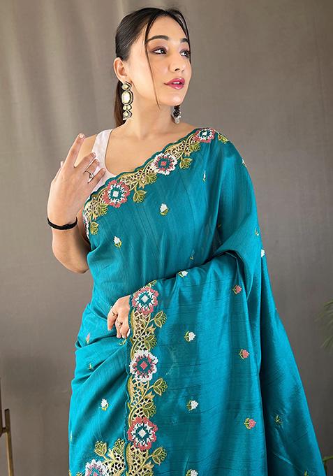 Blue Embroidered Pure Matka Silk Saree Set With Blouse