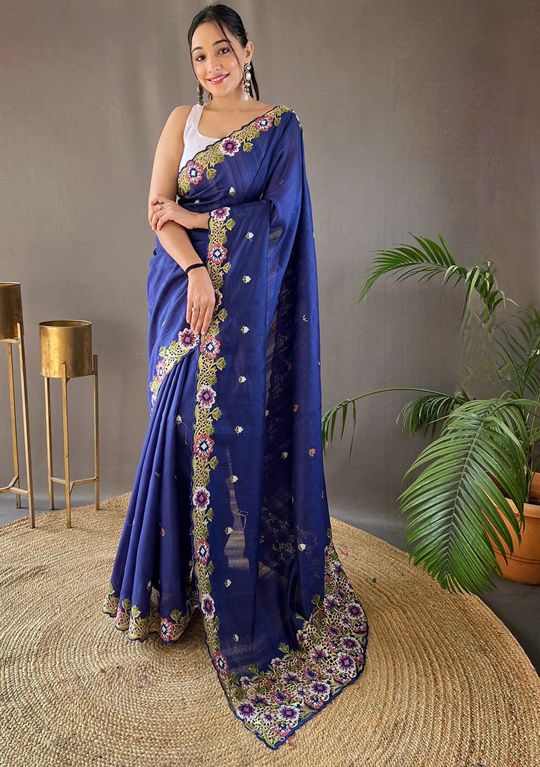 Navy Blue Embroidered Pure Matka Silk Saree Set With Blouse