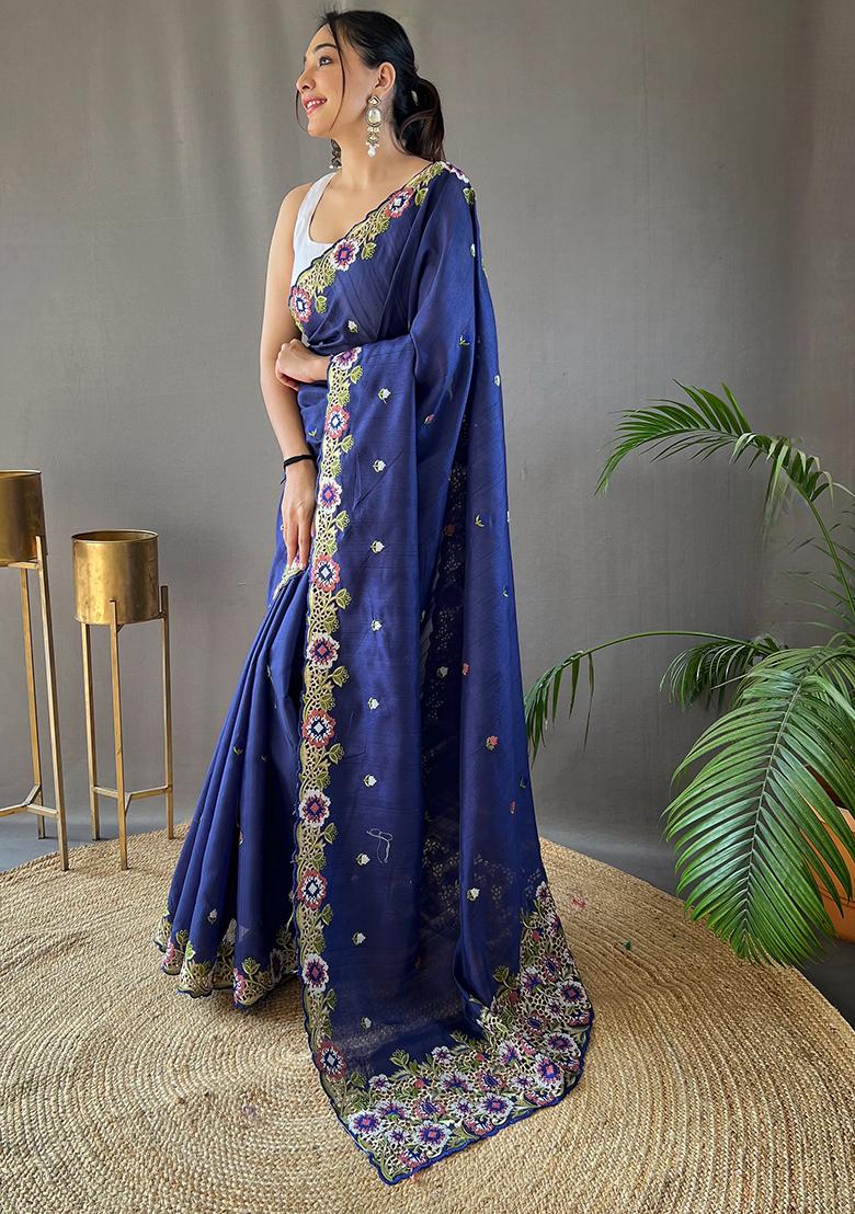 Navy Blue Embroidered Pure Matka Silk Saree Set With Blouse