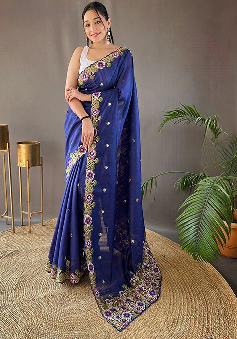 Navy Blue Embroidered Pure Matka Silk Saree Set With Blouse