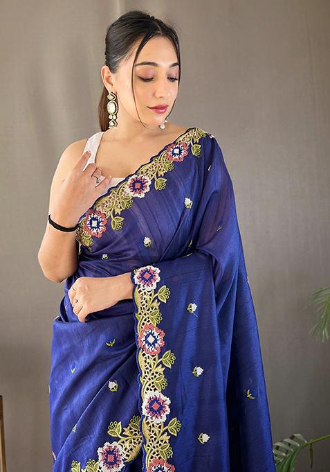 Navy Blue Embroidered Pure Matka Silk Saree Set With Blouse