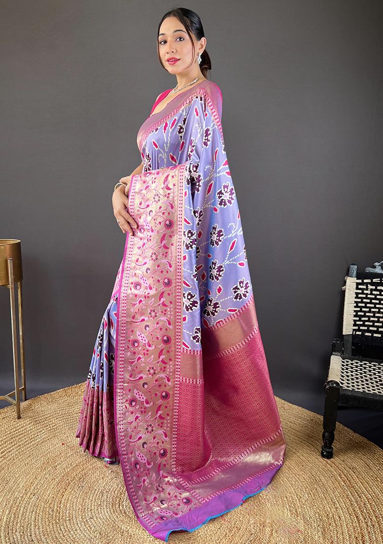 Lavender Patola Zari Weaving Design Soft Silk Saree Set With Blouse