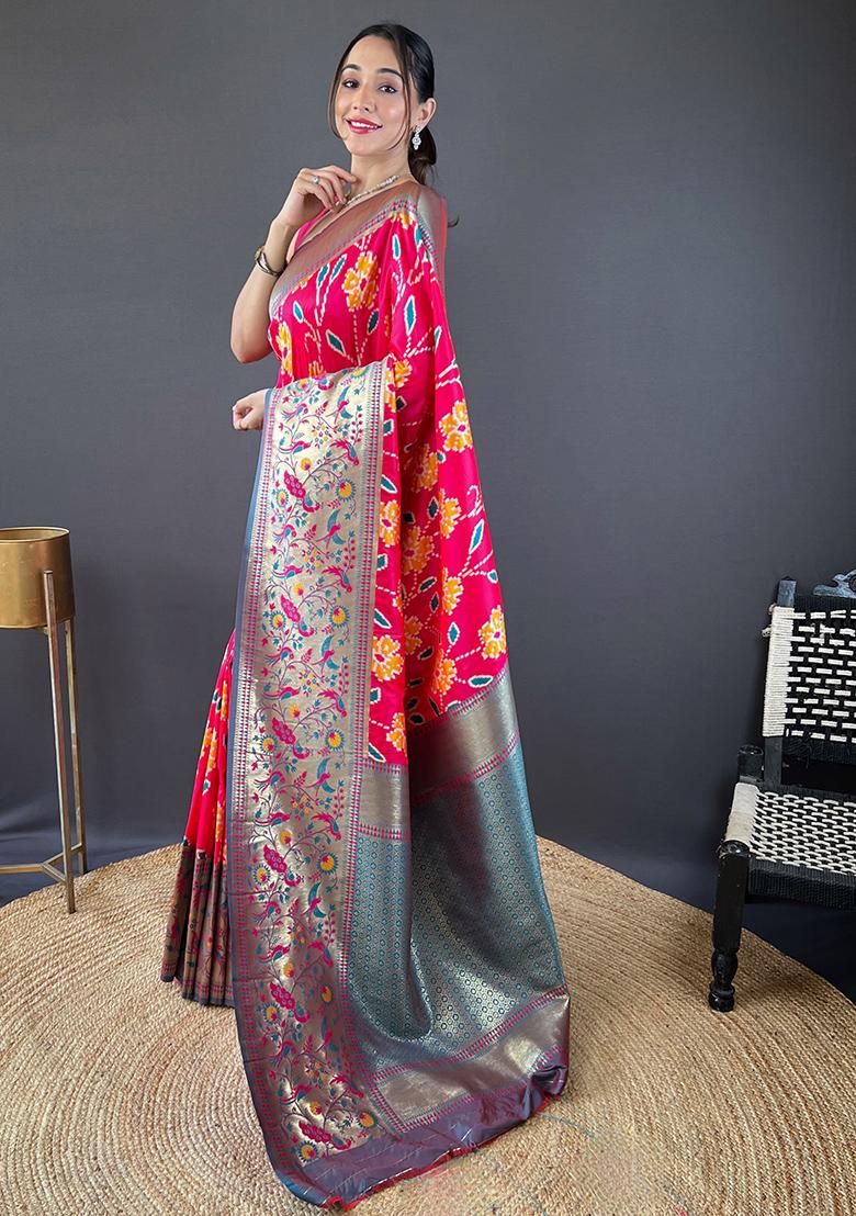 Pink Patola Zari Weaving Design Soft Silk Saree Set With Blouse