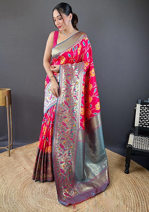 Pink Patola Zari Weaving Design Soft Silk Saree Set With Blouse