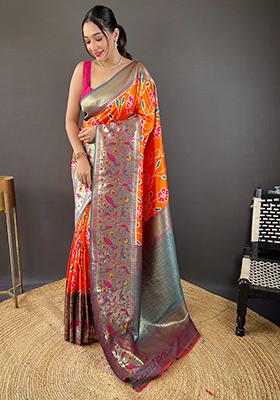 Orange Patola Zari Weaving Design Soft Silk Saree Set With Blouse