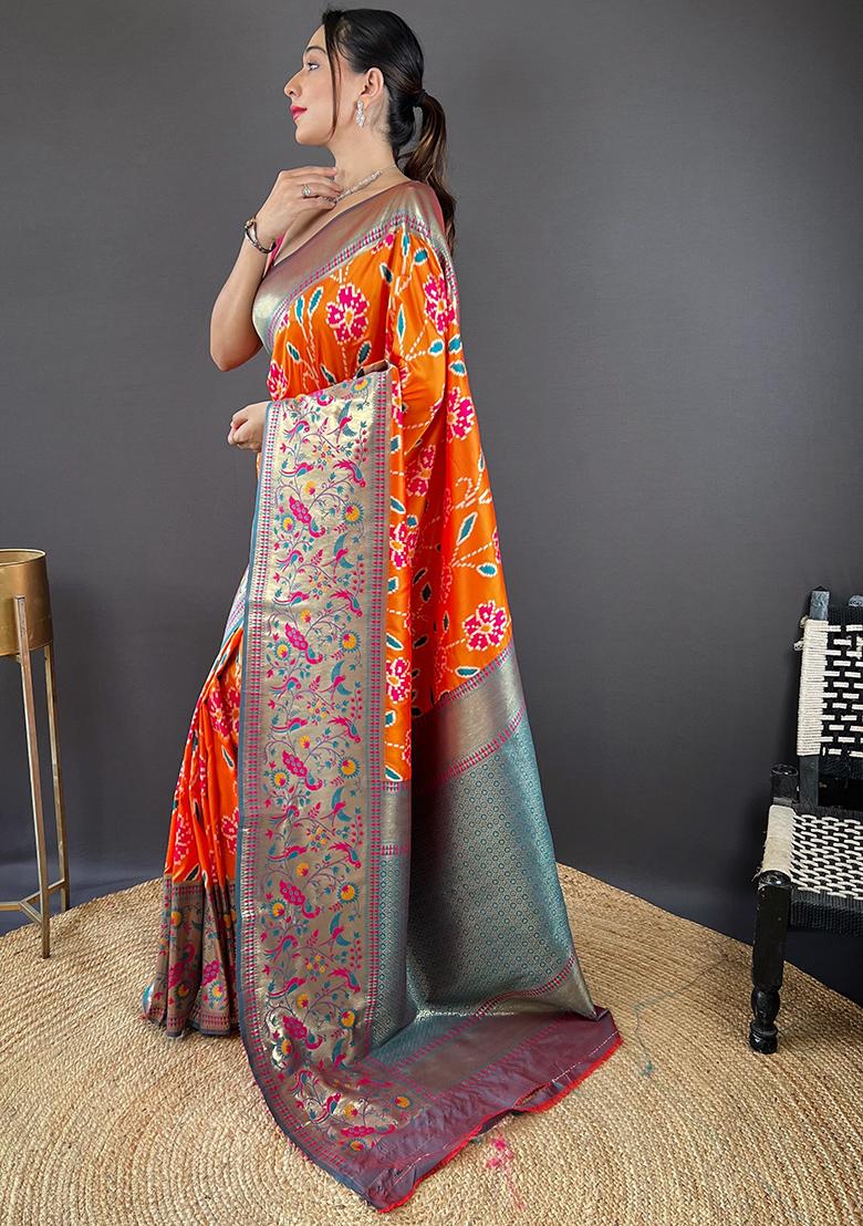 Orange Patola Zari Weaving Design Soft Silk Saree Set With Blouse