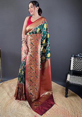 Bottle Green Patola Zari Weaving Design Soft Silk Saree Set With Blouse