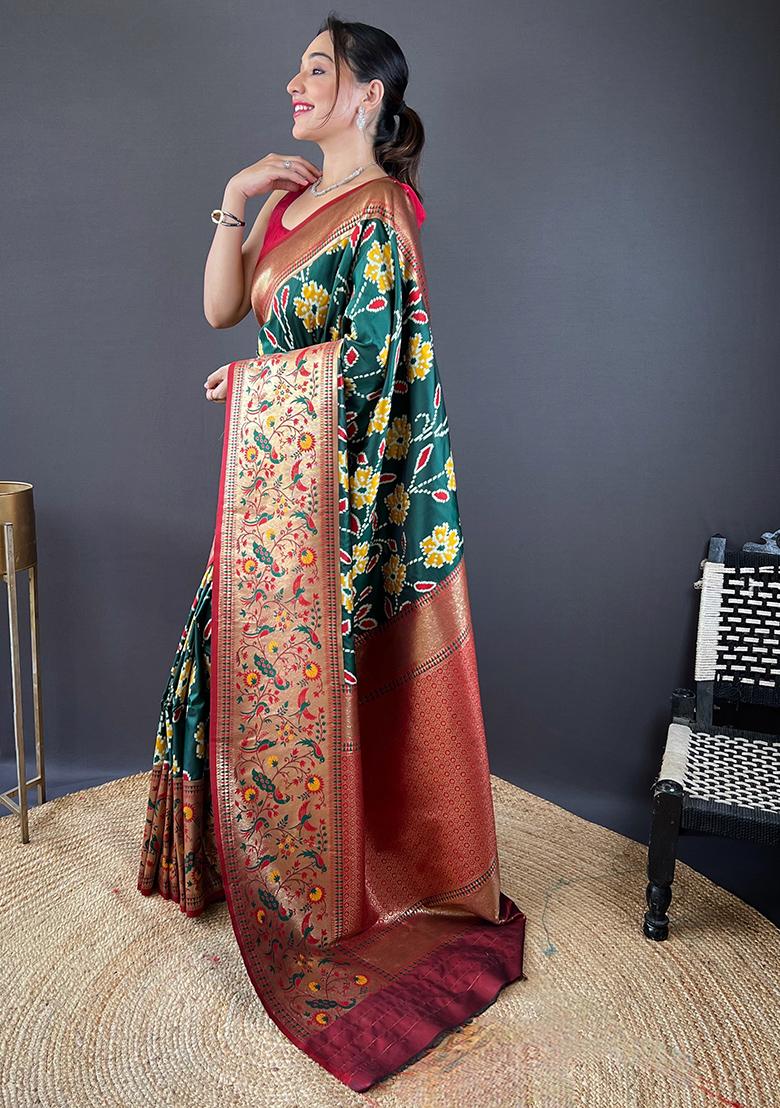 Bottle Green Patola Zari Weaving Design Soft Silk Saree Set With Blouse